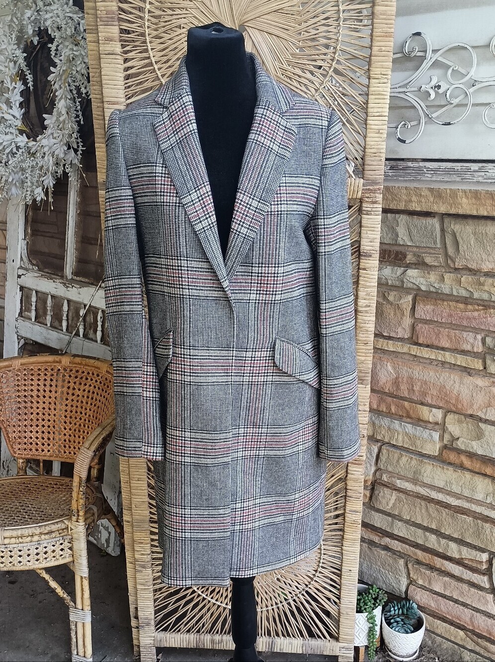 Bershka Gray Plaid Pea Coat with Subtle Red Windowpane_S